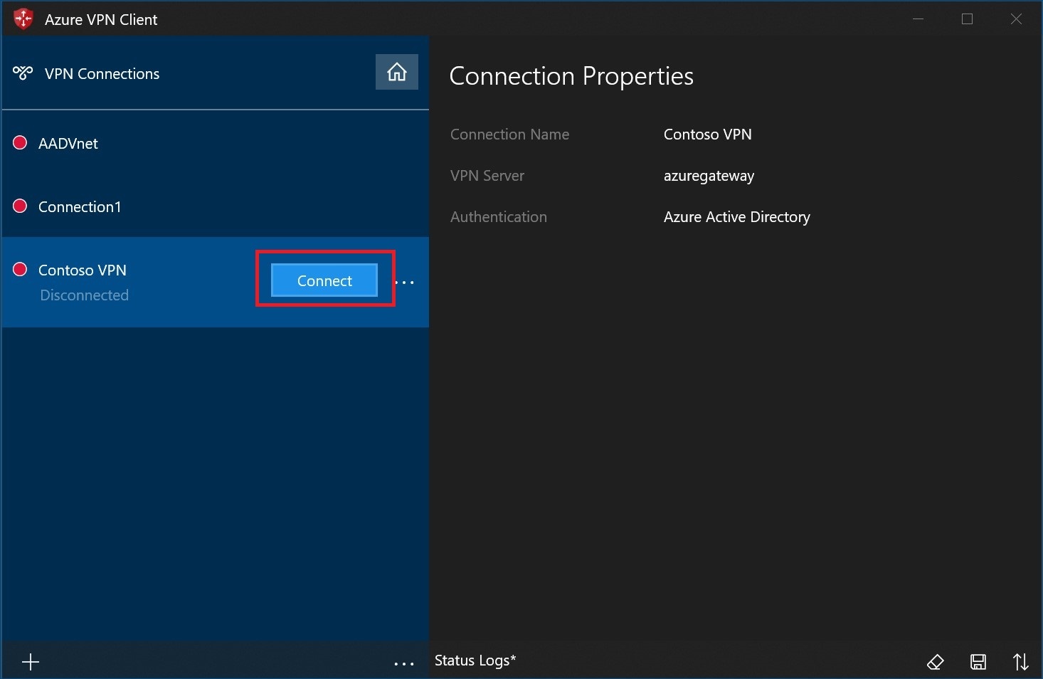 Capture d’écran montrant le bouton Se connecter pour la connexion que vous venez de créer.