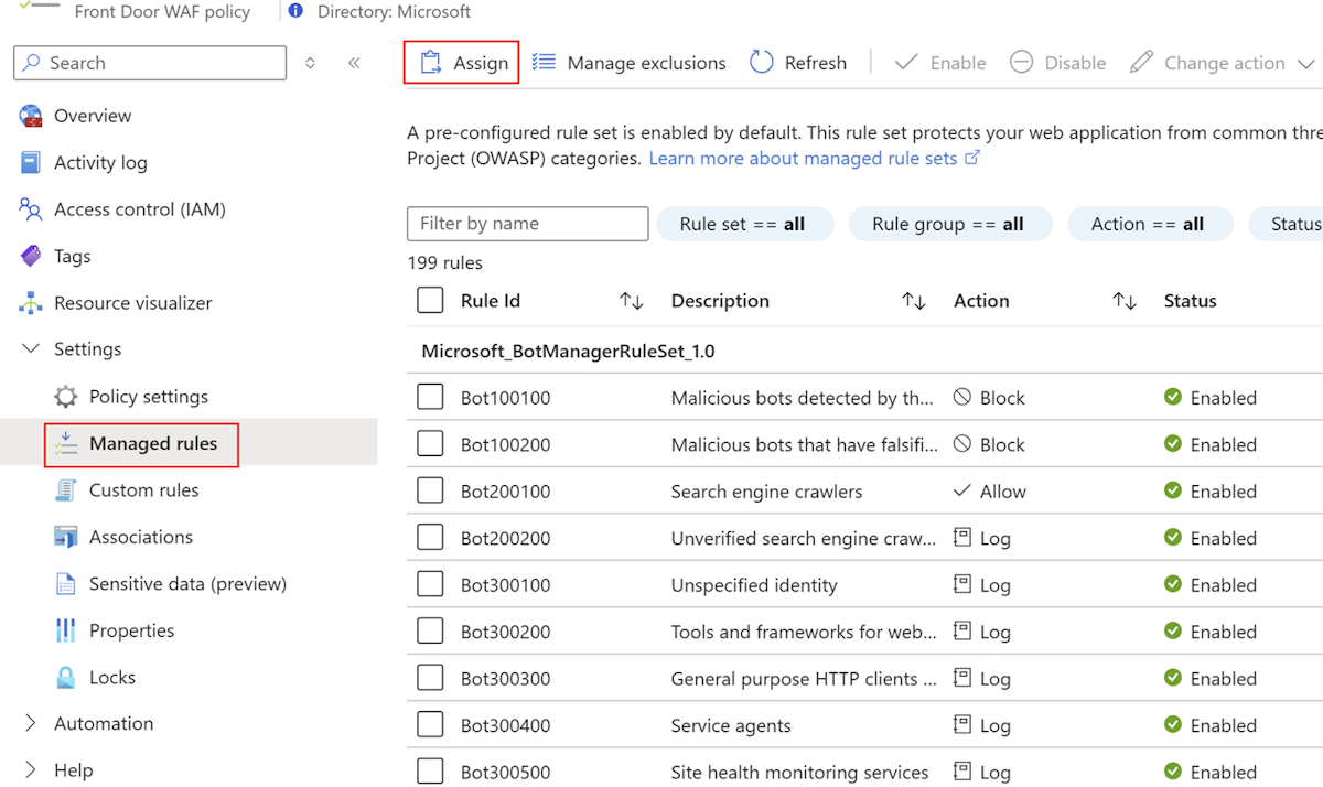 Capture d’écran du portail Azure montrant la configuration des règles managées de la stratégie WAF et le bouton Attribuer mis en évidence.