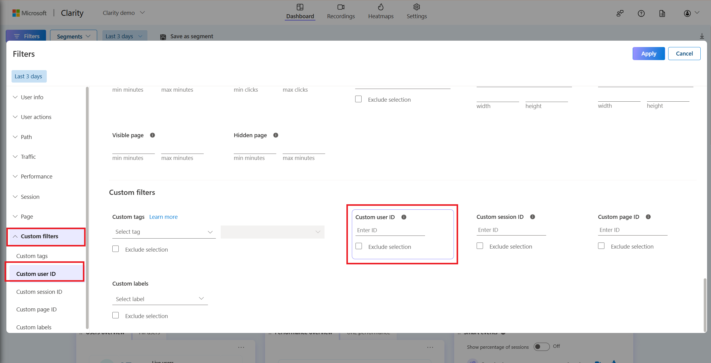 Set custom ID in clarity project filters.