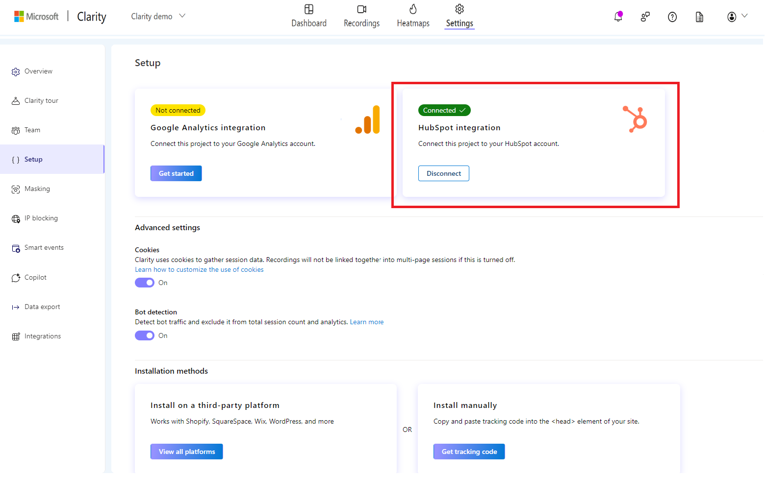 View active integrations in Clarity.