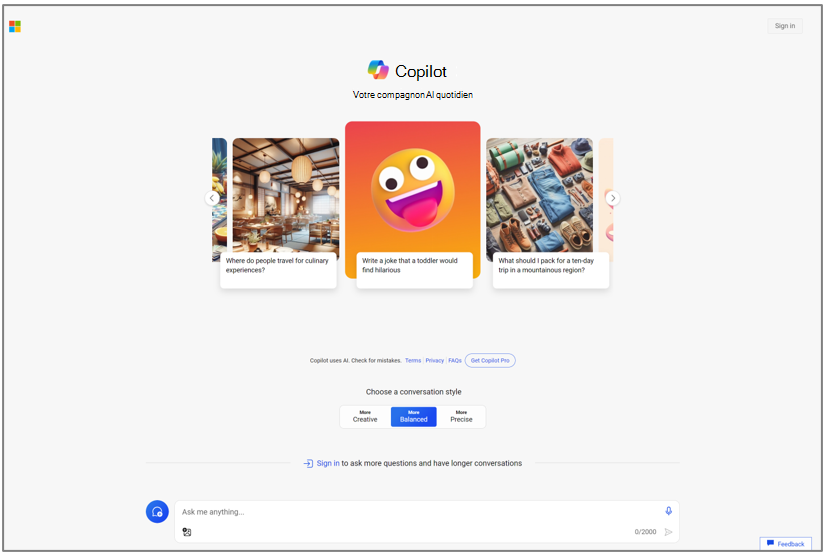 Microsoft Copilot expérience utilisateur non authentifiée.