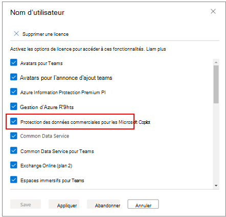 Appliquez la protection des données commerciales pour Microsoft Copilot élément de licence.