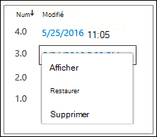 Menu déroulant des options pour votre document choisi, Afficher, restaurer ou supprimer votre document.