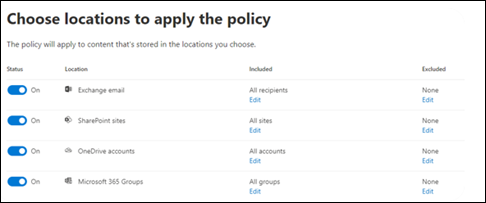 Exemple de création d’une stratégie de rétention dans le portail Microsoft Purview et de choix des emplacements à appliquer à la stratégie.