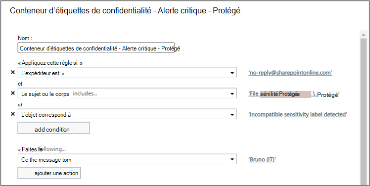 Exemple de règle de flux de courrier évaluant la vérification des éléments protégés.