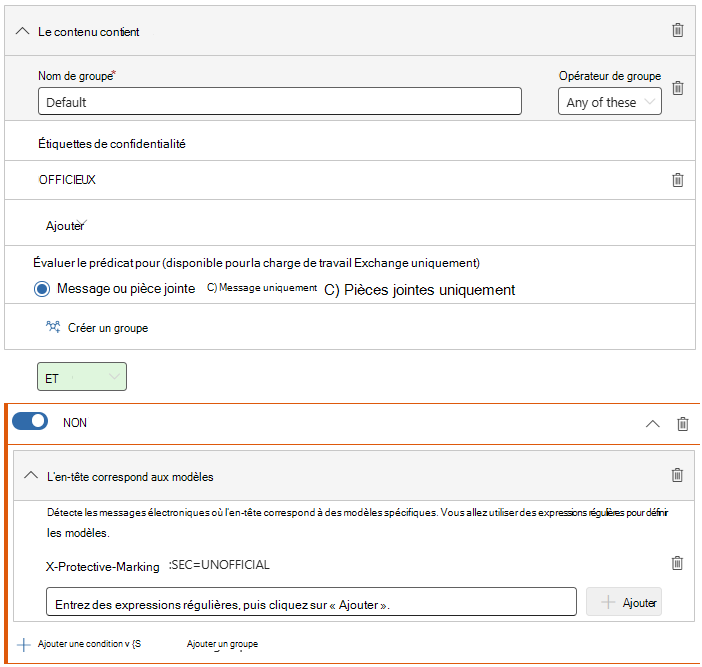 Capture d’écran montrant les conditions de règle DLP.