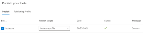 Screenshot of the Publish your bots page after a successful publish.