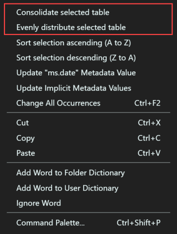 Menu contextuel de modification de la mise en forme des tableaux