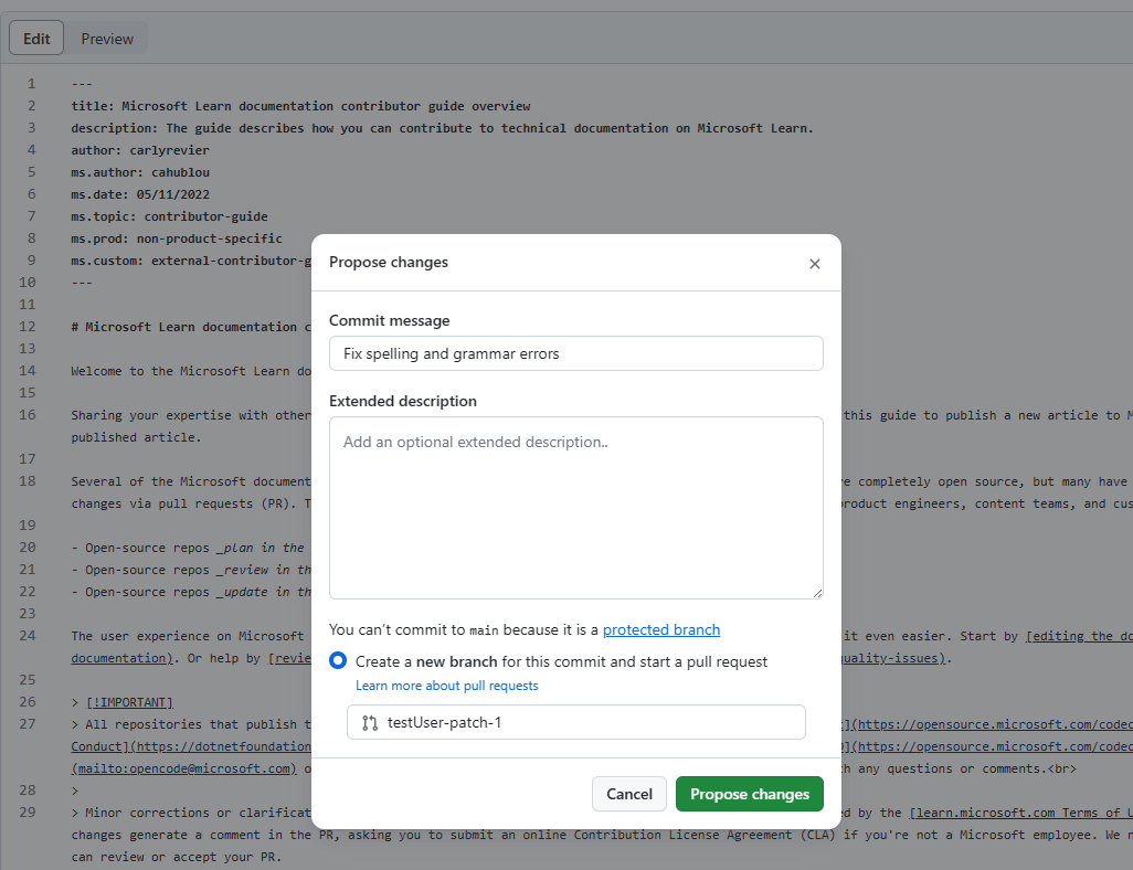 Capture d'écran de la fenêtre contextuelle « Proposer des modifications ».