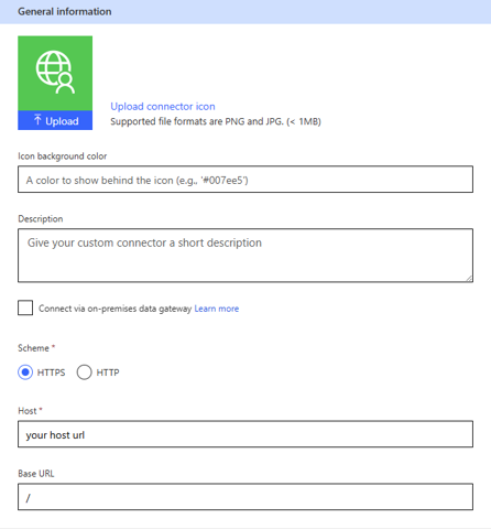 Screenshot of the custom connector general page.