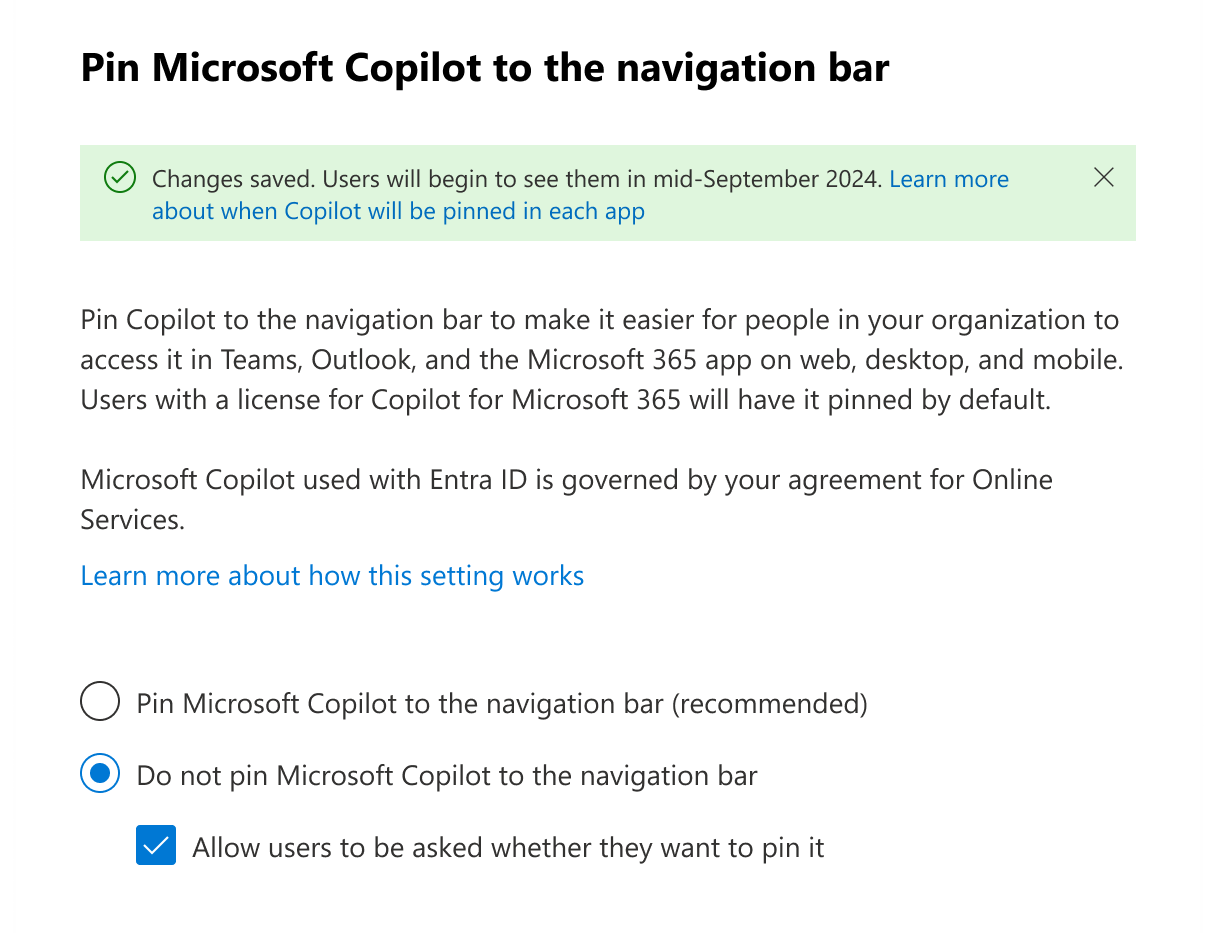 Capture d’écran montrant l’option permettant de ne pas épingler Copilot à la barre de navigation.