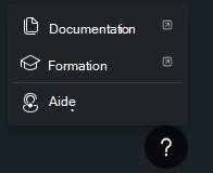 Capture d’écran montrant les options de menu de l’icône d’aide, notamment la documentation, la formation et le support.