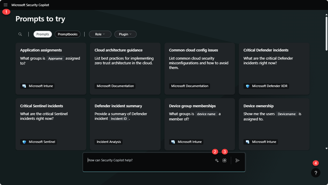 Capture d’écran montrant l’écran d’accueil avec des emplacements numérotés pour le menu d’accueil, les plug-ins, la barre d’invite et l’icône d’aide.