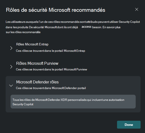 Capture d’écran montrant une liste partielle des rôles de sécurité recommandés.
