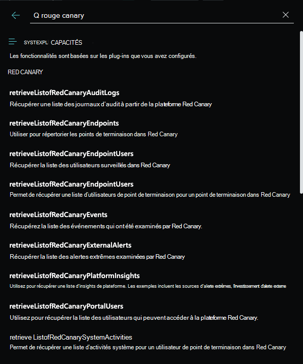 Capture d’écran montrant les compétences Red Canary disponibles.