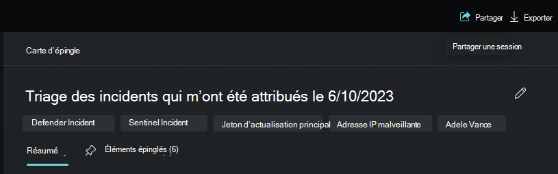 Capture d’écran montrant le tableau d’épingler et le nom de session modifié.