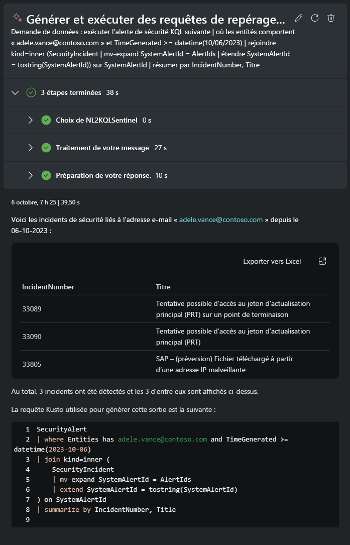 Capture d’écran montrant Microsoft Sentinel résultats de la requête de chasse.