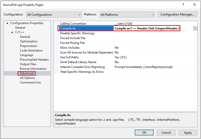 Capture d’écran montrant la modification des propriétés > de configuration C/C++ > Advanced > Compile As to Compile as C++ Header Unit (/exportHeader).