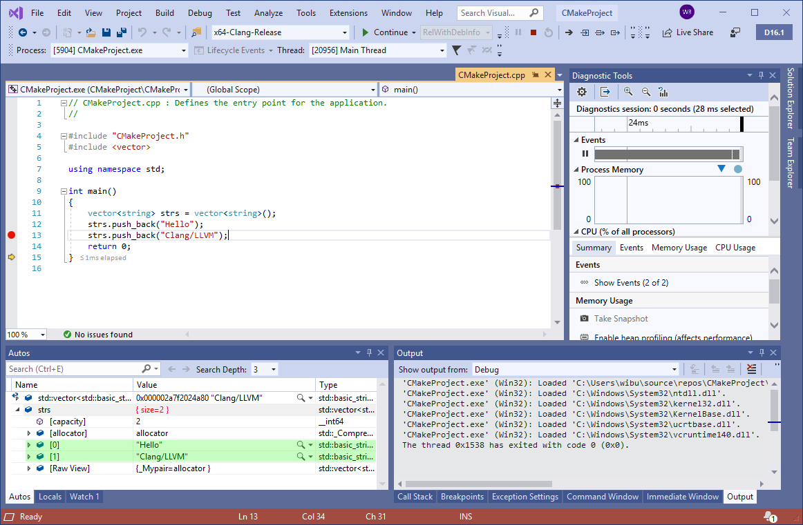 Capture d’écran du débogueur Visual Studio débogueur un projet CMake Clang.