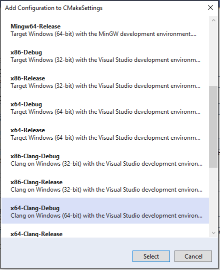 Capture d’écran de la boîte de dialogue Ajouter une configuration à C Make Settings pour la configuration Clang.