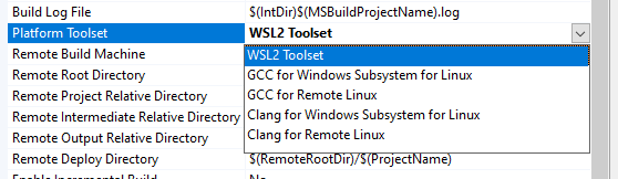 Capture d’écran d’une liste déroulante Visual Studio avec l’ensemble d’outils de plateforme sélectionné et, à droite, une autre liste déroulante avec l’ensemble d’outils WSL2 sélectionné.