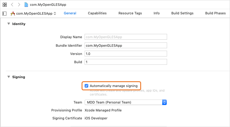 Capture d’écran de la valeur de signature automatique Xcode.