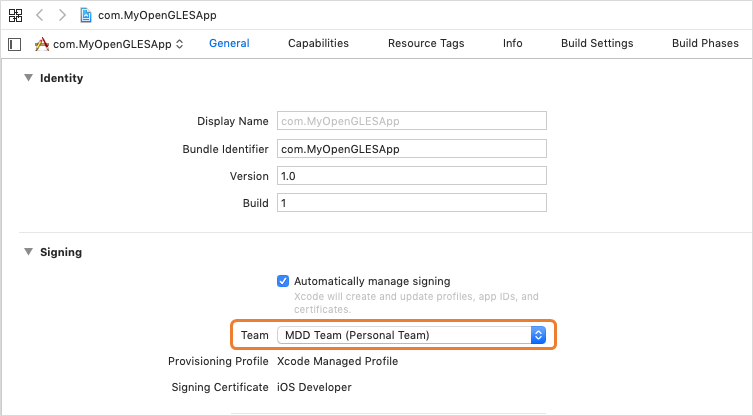 Capture d’écran de la valeur de l’équipe Xcode.