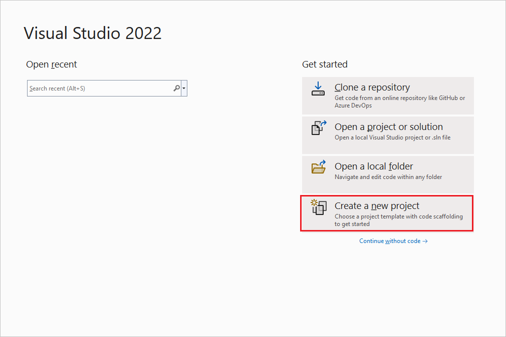 Capture d’écran de la boîte de dialogue qui s’affiche au démarrage de Visual Studio 2022.