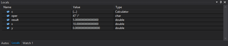 Capture d’écran de la fenêtre Locals dans Visual Studio, affichant les valeurs actuelles des variables locales lors du débogage.