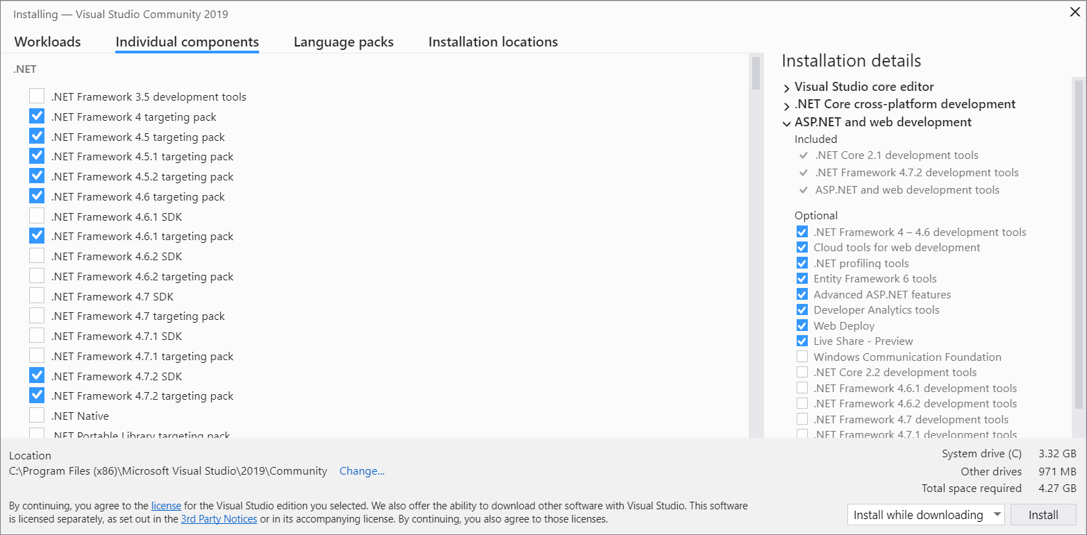 Screenshot of the Visual Studio Installer, showing the Install individual components tab view.