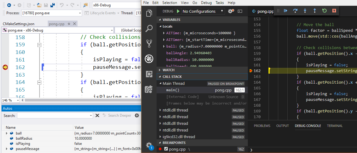 Capture d’écran côte à côte d’un débogage dans C++ Live Share destiné à montrer deux personnes voyant l’expérience de débogage sur leur propre écran.