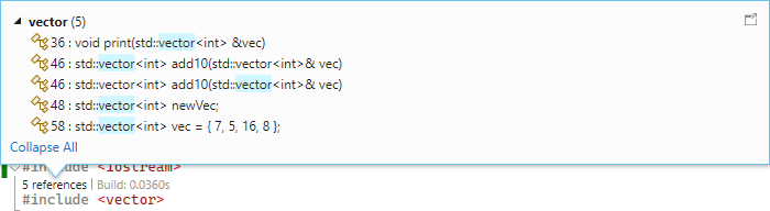 Capture d’écran de la fenêtre de contexte Include Diagnostics C++ montrant où le code du fichier d’en-tête de vecteur est utilisé.