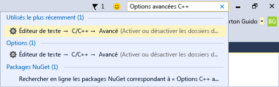 Capture d’écran de la zone de recherche Lancement rapide. Elle montre la recherche C++ avancée qui aboutit à des options pour l’éditeur de texte.