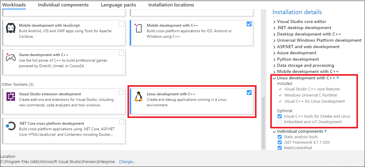 Capture d’écran mettant en évidence l’élément de charge de travail Visual C++ pour le développement sous Linux dans Visual Studio Installer.