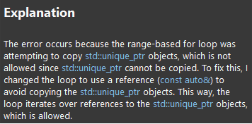 Capture d’écran de l’explication de GitHub Copilot pour l’erreur.