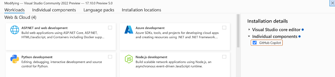 Capture d’écran de l’option d’installation de GitHub Copilot dans Visual Studio Installer.