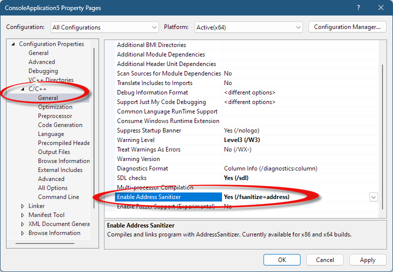 Capture d’écran de la boîte de dialogue Pages de propriétés montrant la propriété Enable AddressSanitizer.