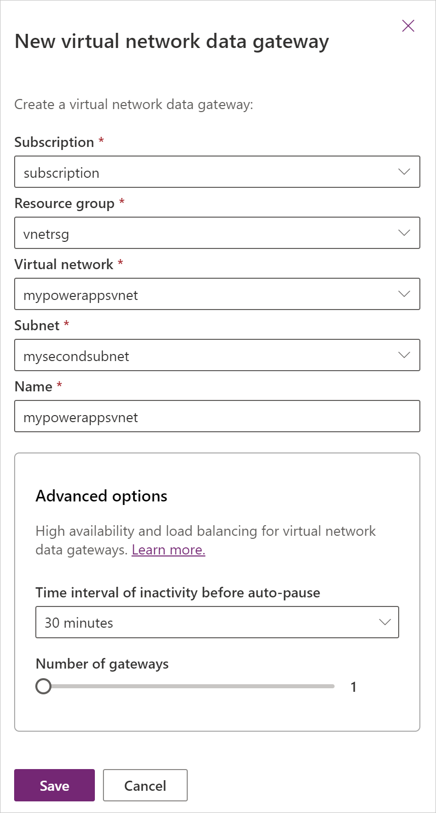 Image du formulaire de passerelle de données VNet, avec les entrées Abonnement, Groupe de ressources, Réseau virtuel, Sous-réseau et Nom remplies.