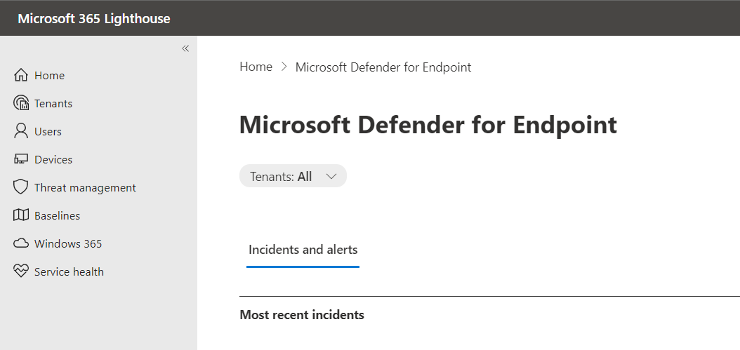 Capture d’écran de la liste des incidents dans Microsoft 365 Lighthouse