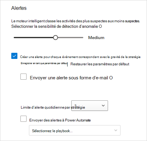 Capture d’écran montrant comment configurer des alertes, y compris la sensibilité, les e-mails et la limite quotidienne.