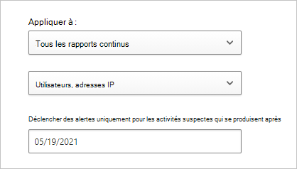 Capture d’écran montrant comment configurer les filtres d’utilisation des applications et la date de début du déclenchement des alertes d’utilisation.