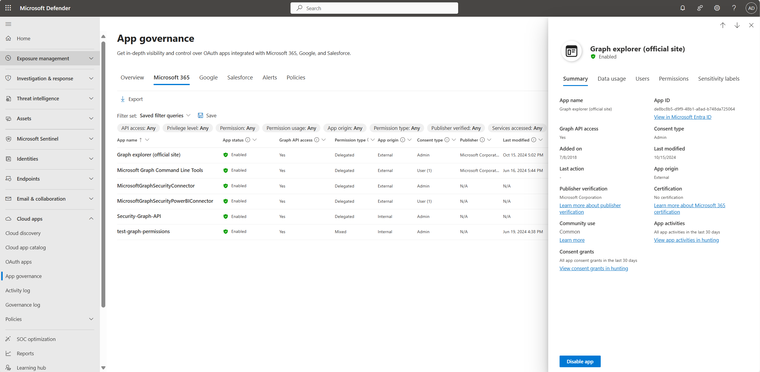 Capture d’écran d’un volet d’informations d’application sous l’onglet Azure AD.