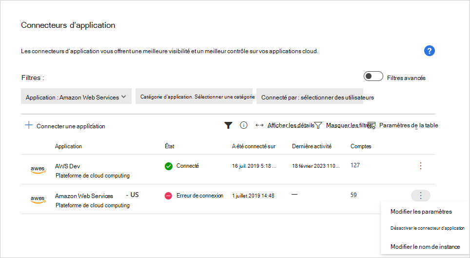 Capture d’écran de la page Applications connectées, montrant le lien Modifier l’audit de sécurité.