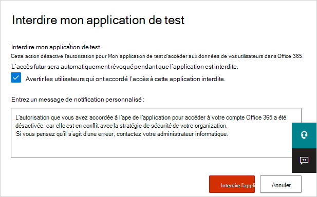 Capture d’écran de l’interdiction d’une application.