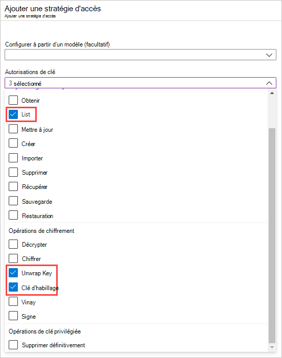 Capture d’écran montrant la sélection des autorisations de clé.