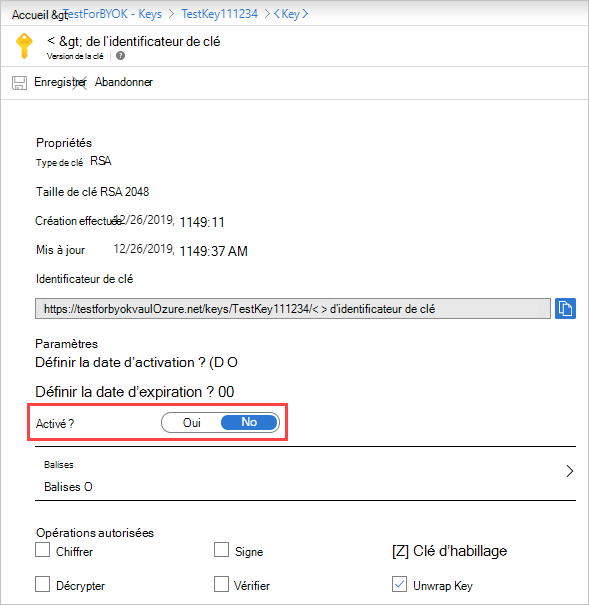 Capture d’écran montrant l’option d’activation de clé.