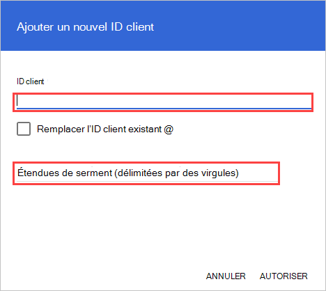 Espace de travail Google autoriser le nouvel ID client.