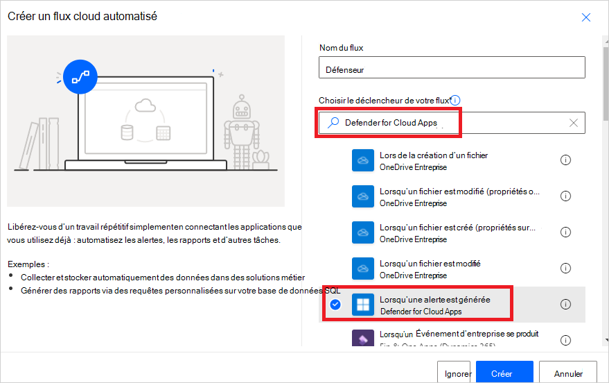 Power Automate lorsqu’une alerte est générée.