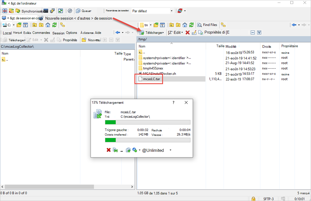 Capture d’écran du téléchargement du collecteur de journaux sur un ordinateur Windows.