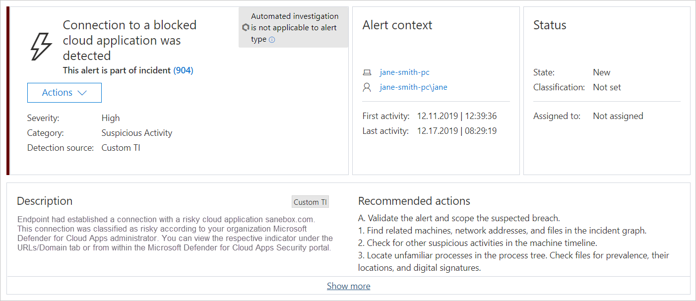 Capture d’écran montrant l’alerte d’application non approuvée defender pour point de terminaison.